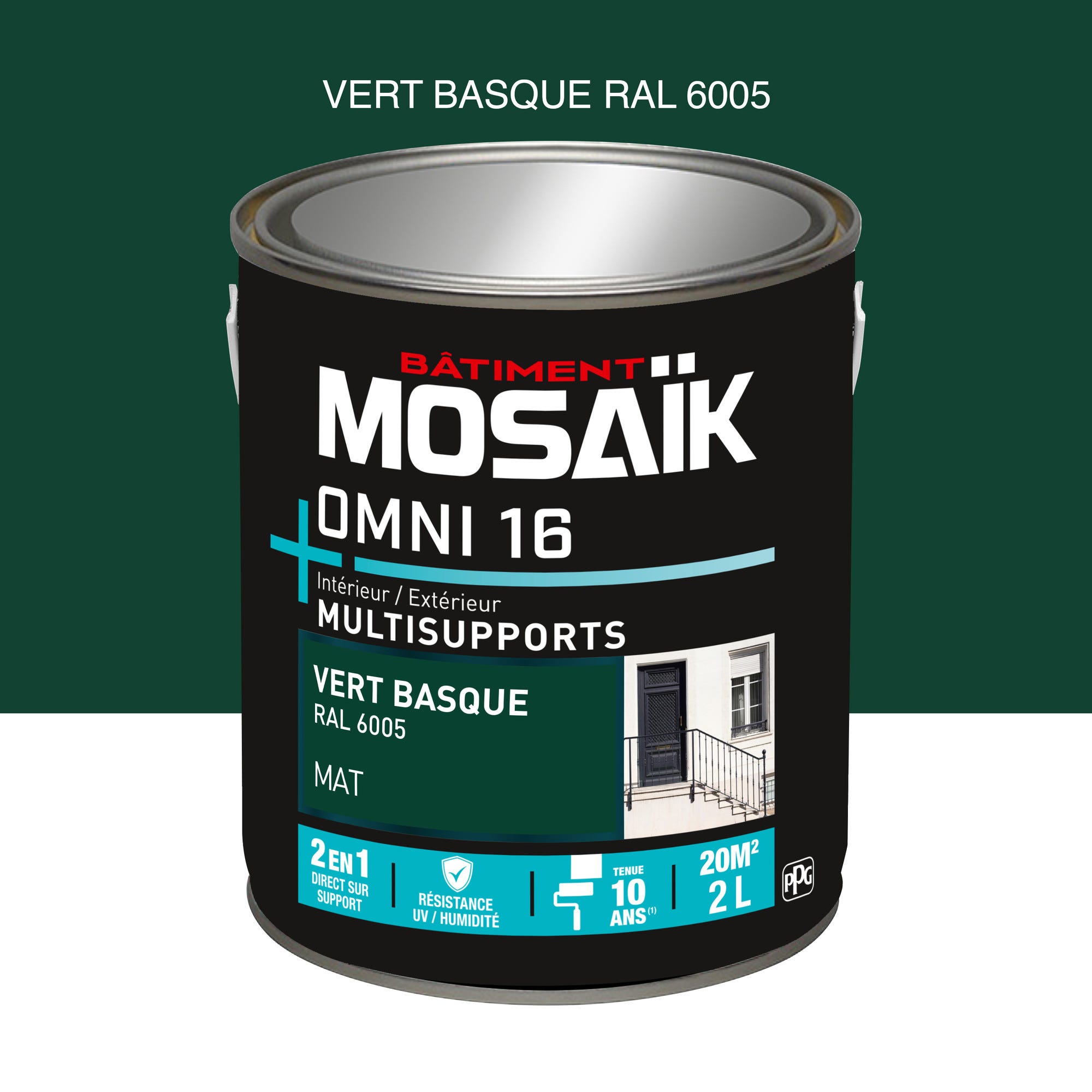 Peinture 2en1 int./ext. multisupport acrylique mat vert basque RAL6005 2 L OMNI16 - MOSAIK 0