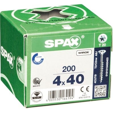 Vis bois agglo tête fraisée wirox empreinte TORX filetage partiel 4 x 40 mm 200 pièces- SPAX 0