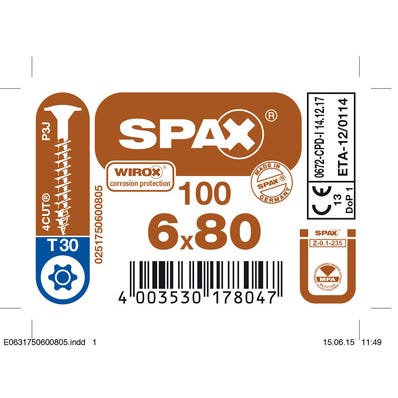 Vis HI Force empreinte Torx 6 x 80 mm 100 pièces - SPAX 0