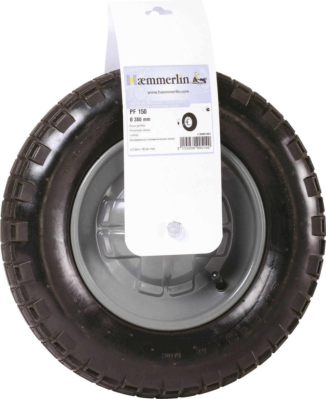 Roue gonflée de brouette PF 150 Diam 380 mm 309051401 Haemmerlin