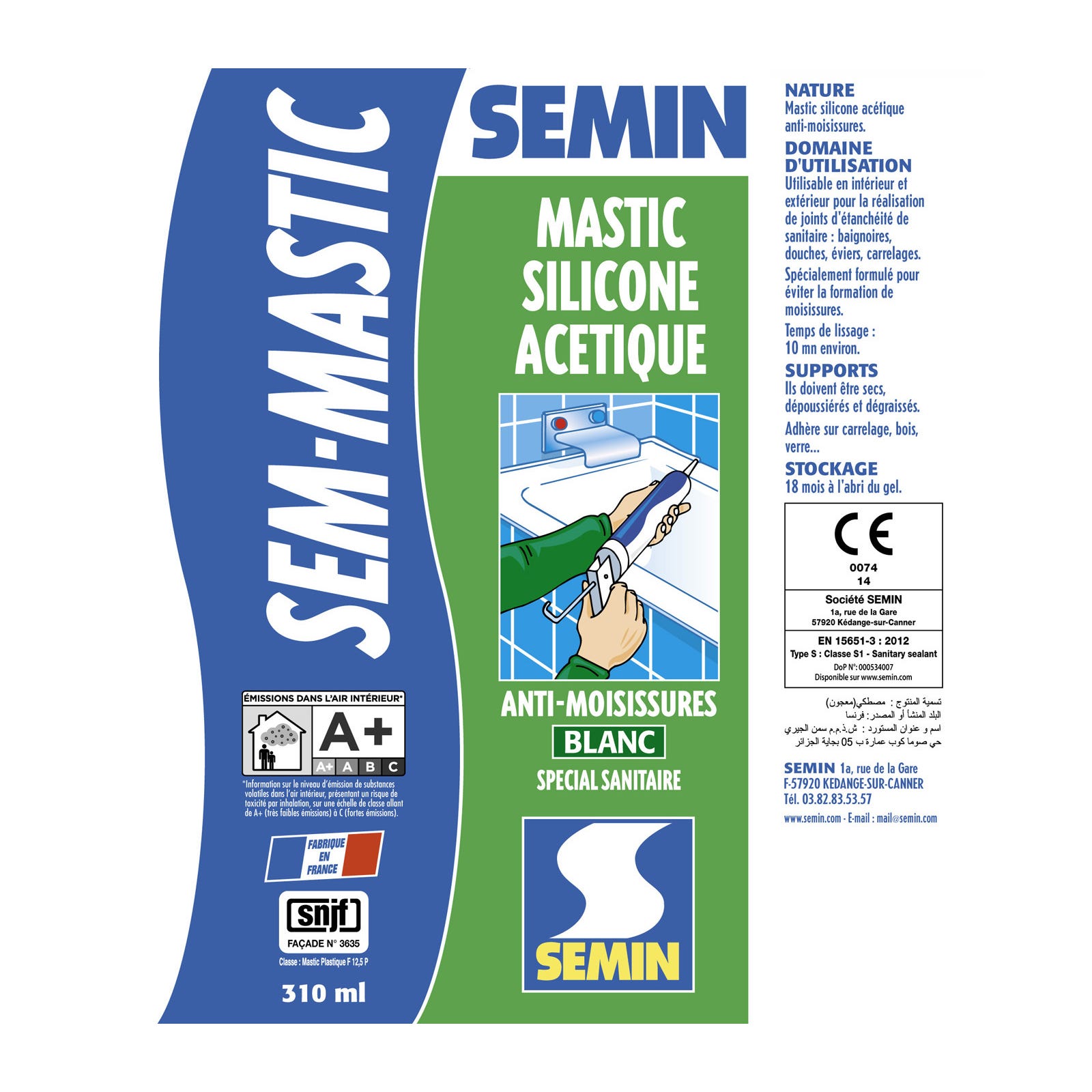 Silicone acétique sanitaire blanc pour les joints d'étanchéité anti moisissures Semin - intérieur - cartouche de 310 ml 3
