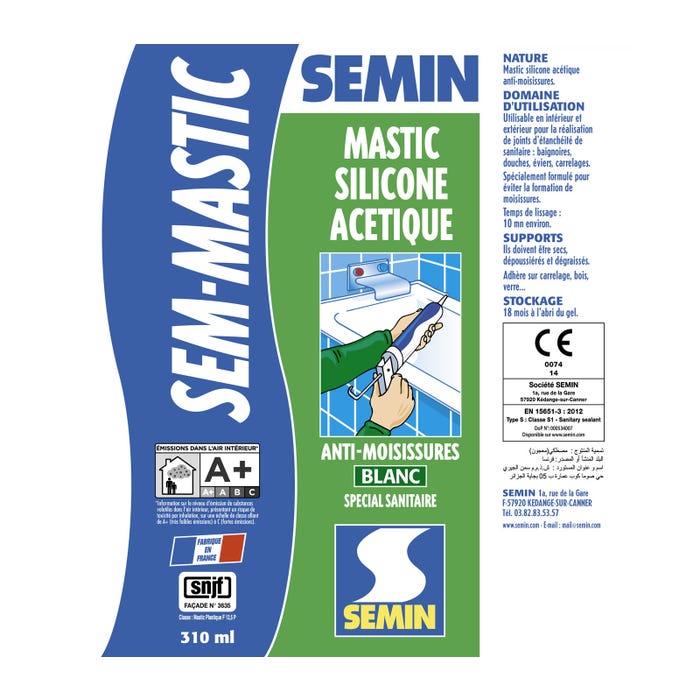 Silicone acétique sanitaire blanc pour les joints d'étanchéité anti moisissures Semin - intérieur - cartouche de 310 ml 3