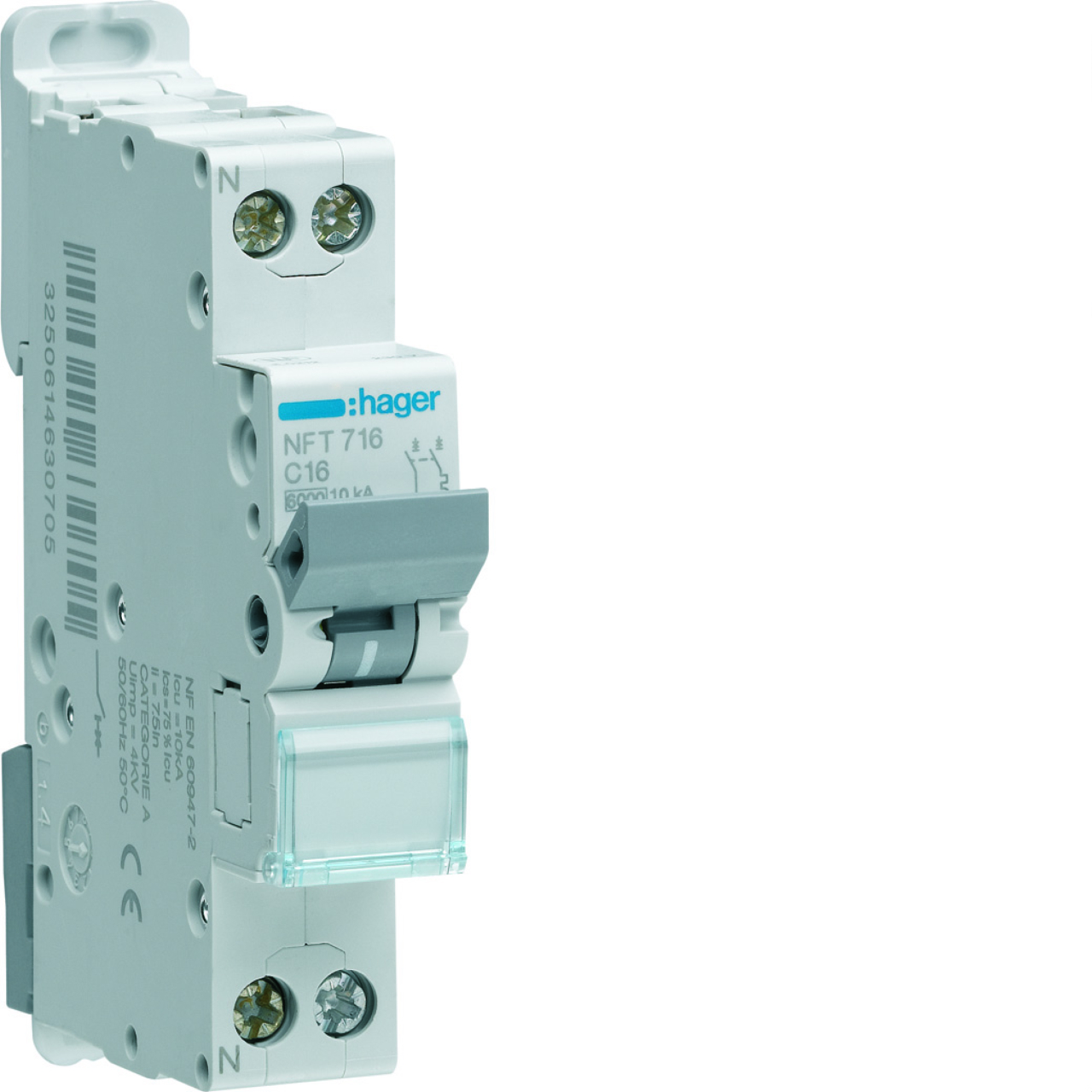 Hager - MJT706 - Disjoncteur modulaire 1P+N 4.5-6kA C-6A 1m