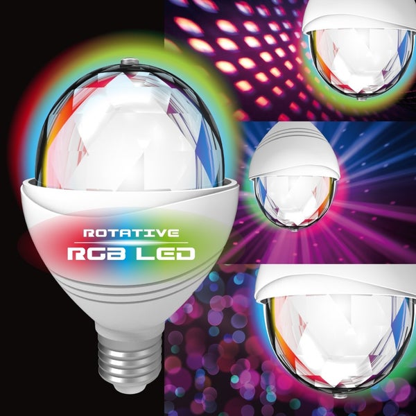 Ampoule LED disco à tête rotative, culot E27, conso. 3W cons., lumière RVB 2