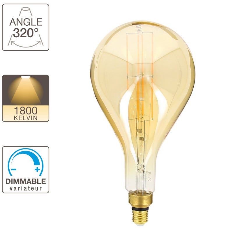 Ampoule filament LED compatible variateur, globe 200mm E27, 8W - 800Lm 1800K 3