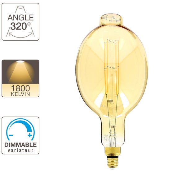 Ampoule filament LED compatible variateur, diam 118 x H 395mm, E27 800Lm 1800K 4