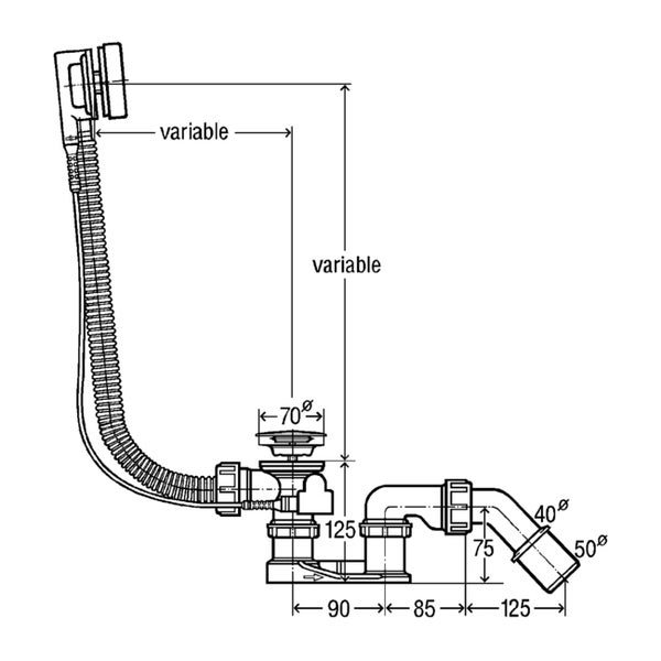 Viega tuyau siphon pour baignoires standard avec sortie 64 avec coude de  sortie 45 avec pièce de raccordement d 40 d 50 mm pp blanc