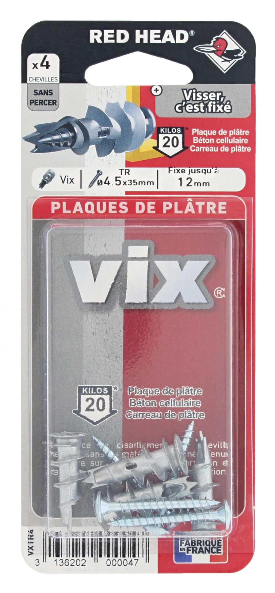 Lot de 4 chevilles et vis à visser vix RED HEAD, Diam.12 x L.30 mm