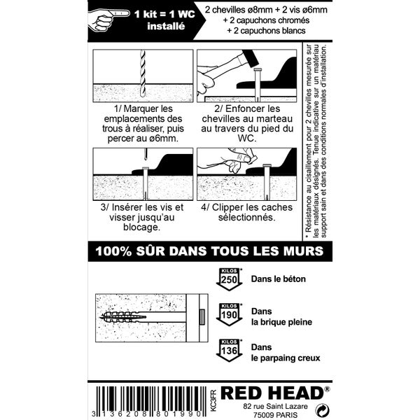 kit chevilles à verrouillage de forme wc RED HEAD, Diam.8 1