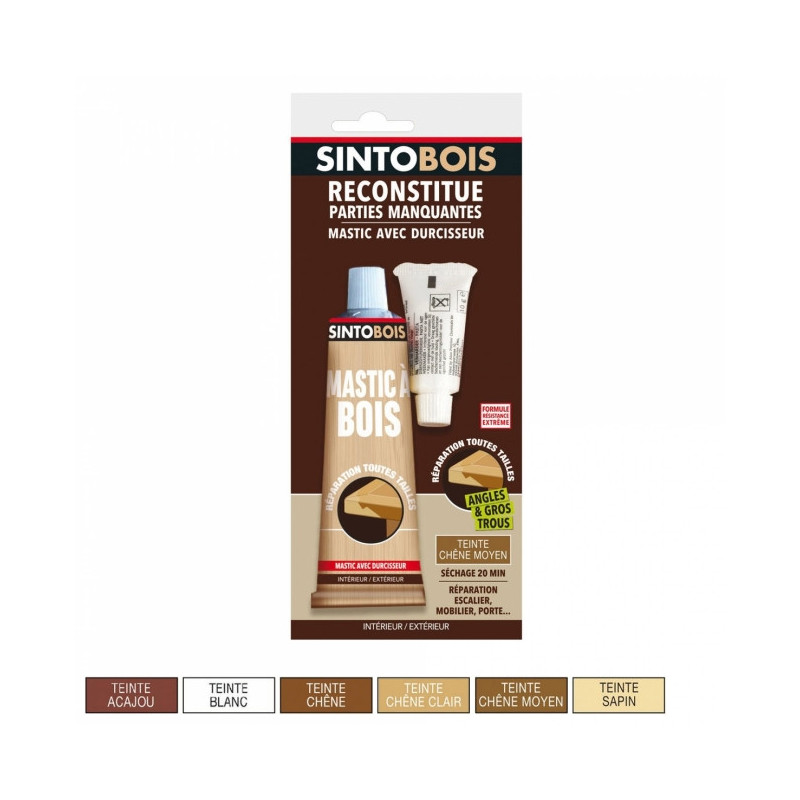 Reconstitue bois pour parties manquantes (angles, gros trous) - Tube de 66g - Sintobois - Teinte: Chêne moyen