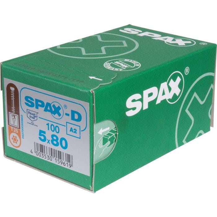 Vis terrasse - SPAX - Autoperceuse - Spécial caillebotis - Tête cylindrique - Inox A2 - 5 x 80/37,50 mm - Boîte de 100 1