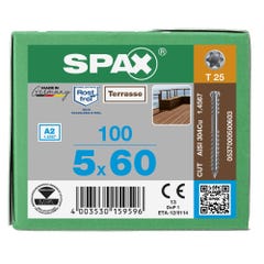 Vis terrasse - SPAX - Autoperceuse - Spécial caillebotis - Tête cylindrique - Inox A2 - 5 x 60/27,50 mm - Boîte de 100 6