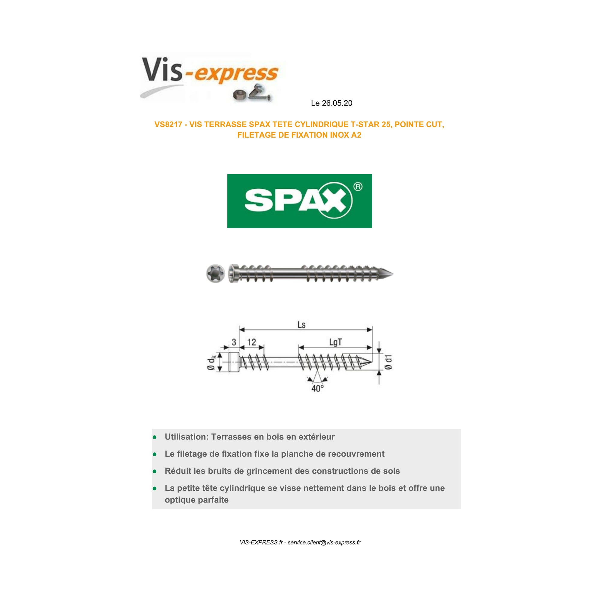 Vis terrasse - SPAX - Autoperceuse - Spécial caillebotis - Tête cylindrique - Inox A2 - 5 x 60/27,50 mm - Boîte de 100 3