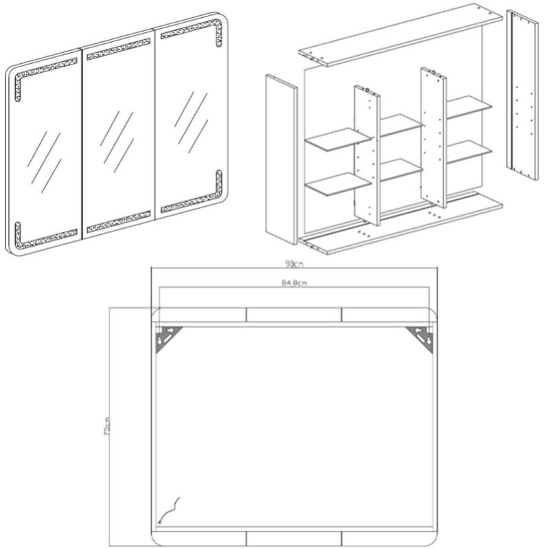 Armoire de toilette 90x75x17cm 3 portes led lumineuse ESTRELLA