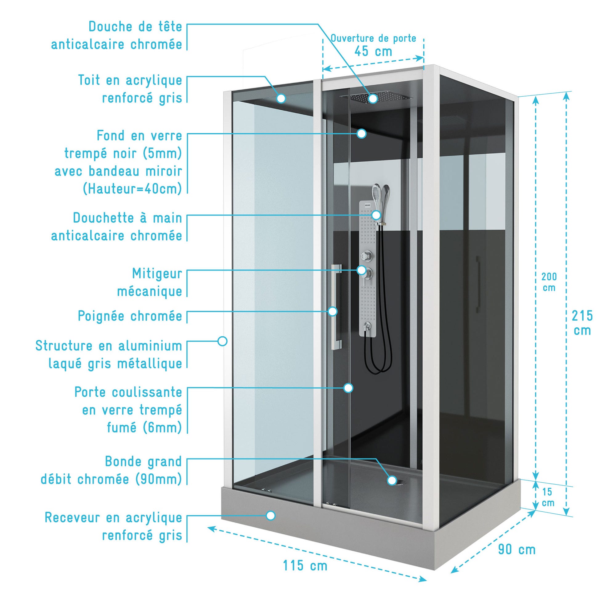 Cabine de douche 115x90x225 cm - Fonds noirs avec bandeau miroir et Profilés Gris - COSMOS 3