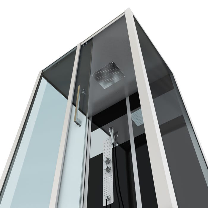 Cabine de douche 115x90x225 cm - Fonds noirs avec bandeau miroir et Profilés Gris - COSMOS 1