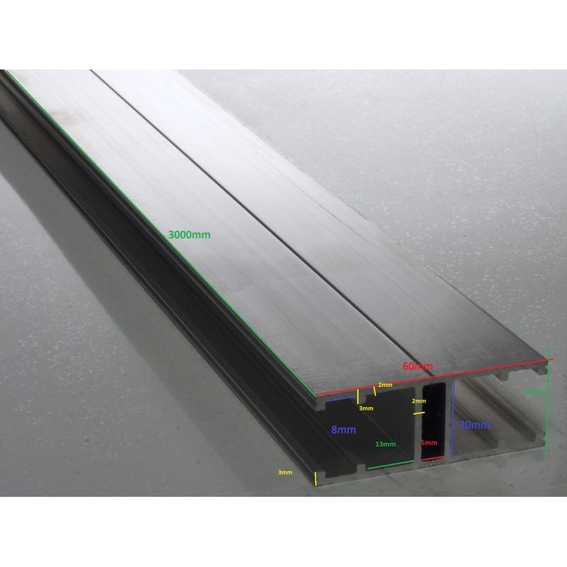 Profil jonction monobloc (en H) - toiture polycarbonate Aluminium, E : 16 mm, L : 3 m 1
