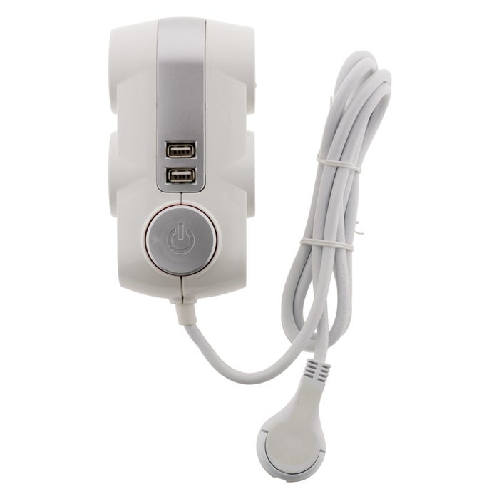 Bloc Premium 4x 16A 2P+T avec interrupteur - câble HO5VV-F 3G1mm² 1,5m + 2x USB équipé d'une fiche extraplate blanc 1