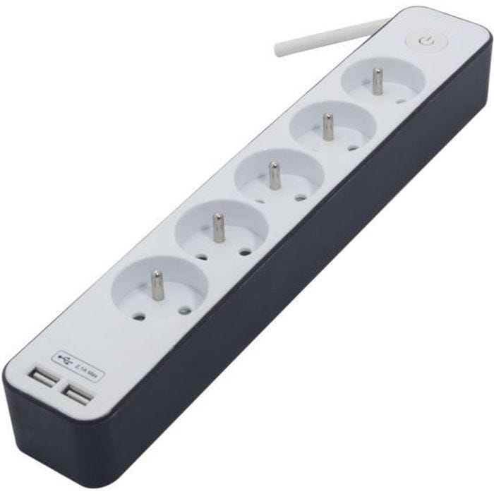 CHACON Bloc multiprise 5 prises 16 A avec 2 ports USB et cable 1,5 m HO5VV-F 3x1,5 mm2 blanc et gris 4