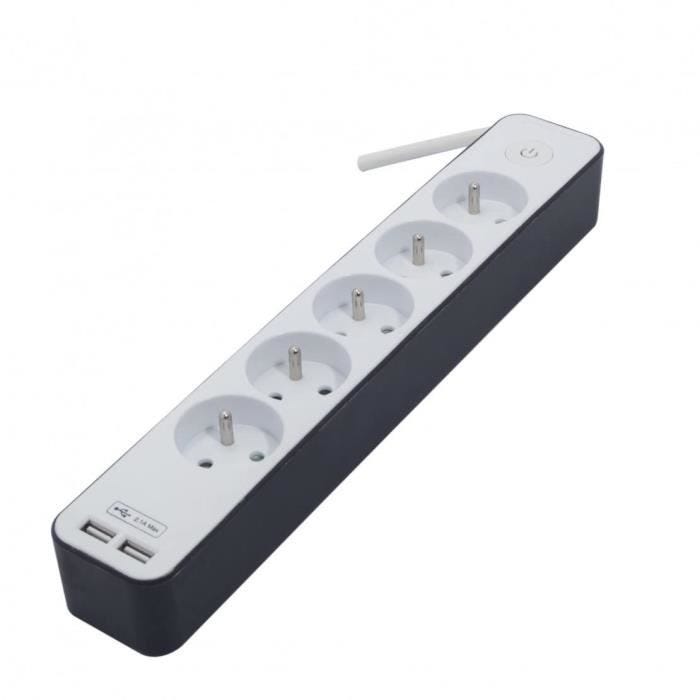 CHACON Bloc multiprise 5 prises 16 A avec 2 ports USB et cable 1,5 m HO5VV-F 3x1,5 mm2 blanc et gris 3