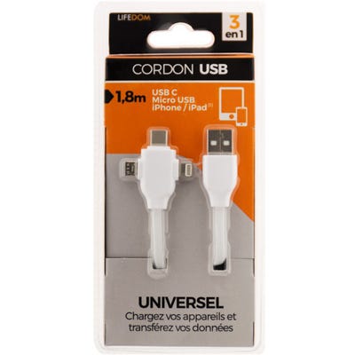 Câble USB universel avec triple sortie USB-C, Micro USB et Lightning pour iPhone / iPad 0