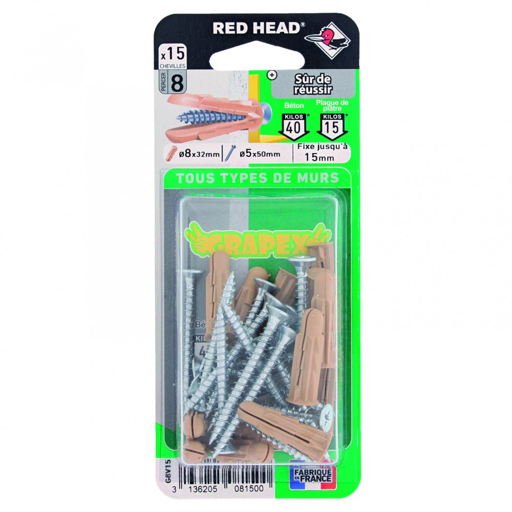 Lot de 15 cheville et vis BATIFIX, Diam.8 x L.32 mm