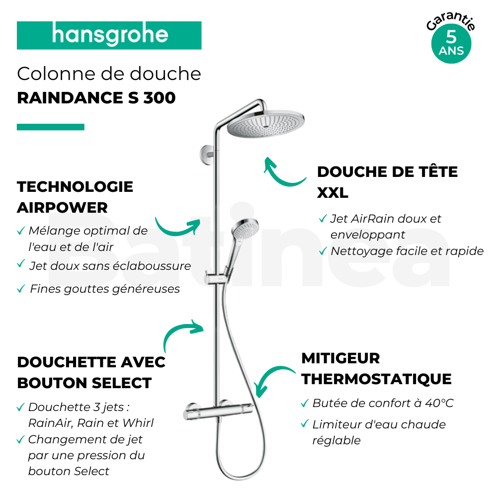 Set de douche Showerpipe 300 1 jet avec thermostatique chromé Raindance S Hansgrohe 4