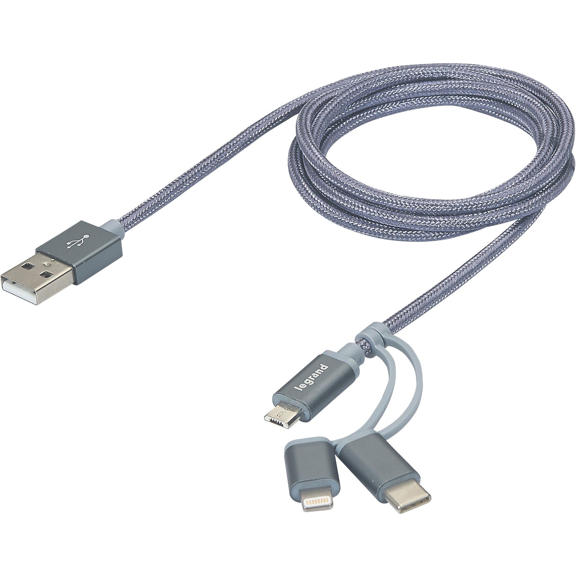 Câble 3 en 1 USB A avec connectiques USB C Lightning iOS et micro-USB Legrand - Longueur 1,2 M 0