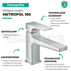 Mitigeur de lavabo 100 Metropol poignée manette bec long bonde Push-Open finition chromé Hansgrohe 2