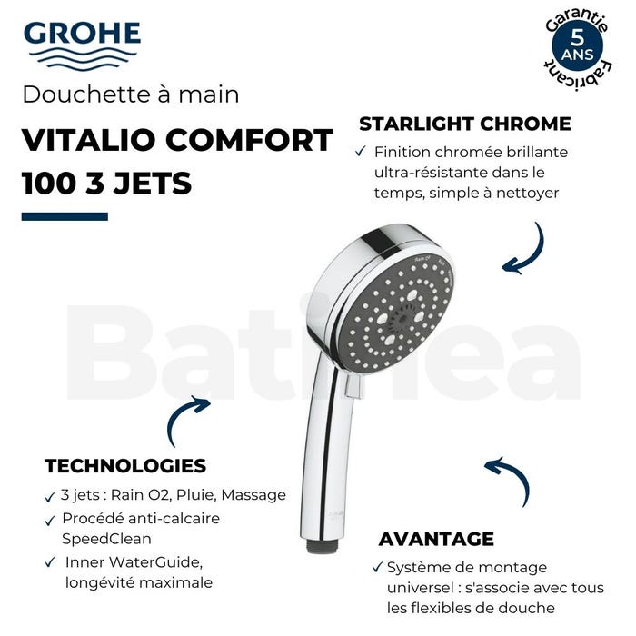 Grohe Vitalio Comfort 100 Douchette 3 jets avec Régulateur de débit, Chrome (26092000) 2
