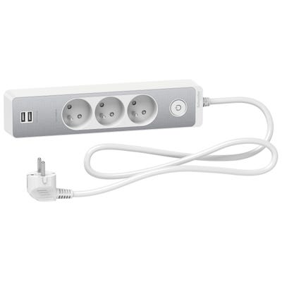 Bloc multiprises 3 Prises 2P+T et 2 USB (câble 1,5m) Blanc et Aluminium - Schneider