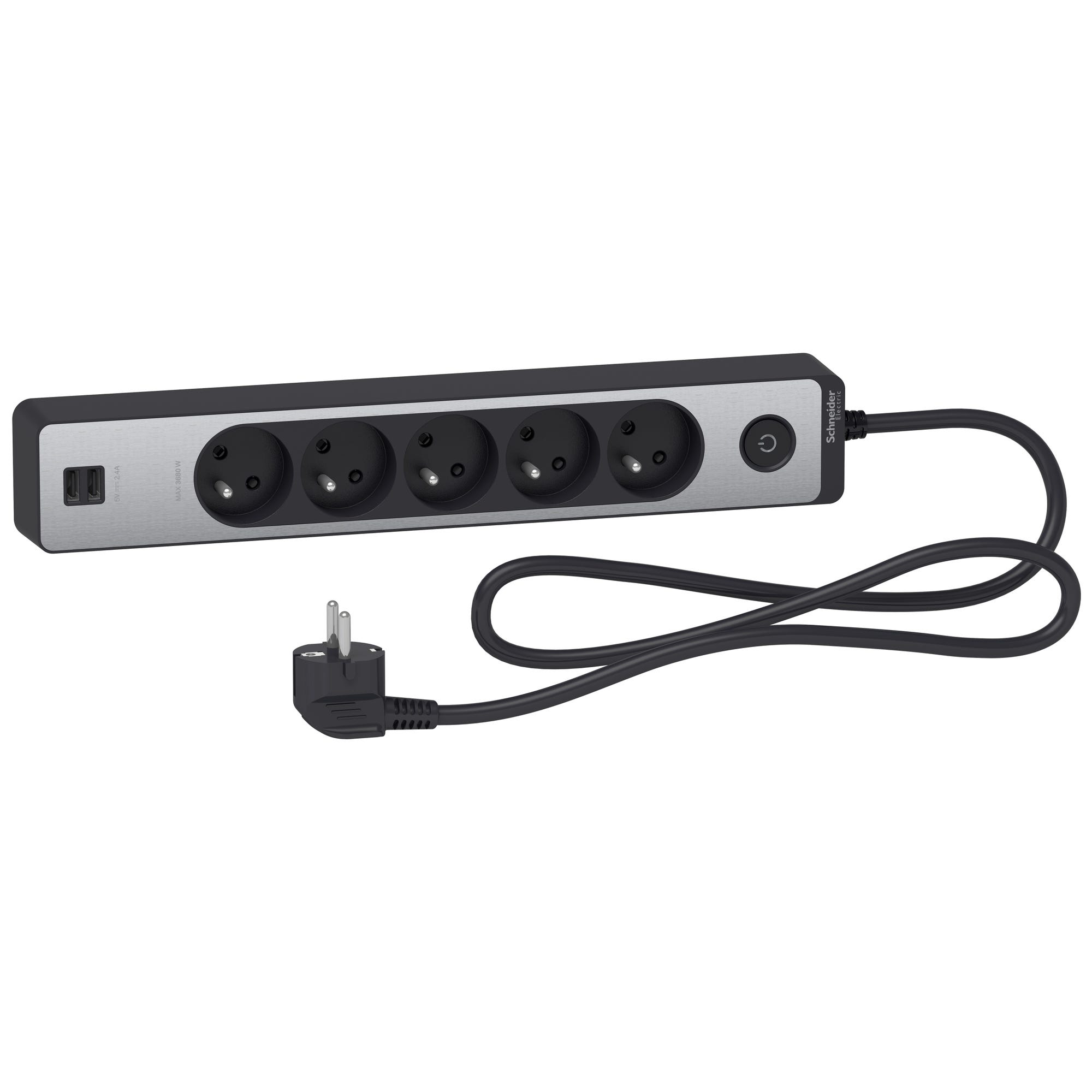 Bloc multiprises 5 Prises 2P+T et 2 USB (câble 1,5m) Noir et Aluminium - Schneider 0