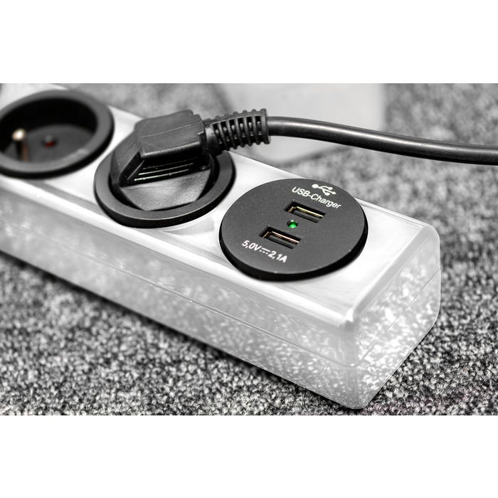 Brennenstuhl Multiprise hugo! Blanche - 3 prises + 2 prises USB - avec parafoudre et 2m de cable 19.500A 1