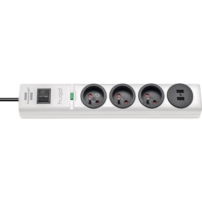 Brennenstuhl Multiprise hugo! Blanche - 3 prises + 2 prises USB - avec parafoudre et 2m de cable 19.500A 5