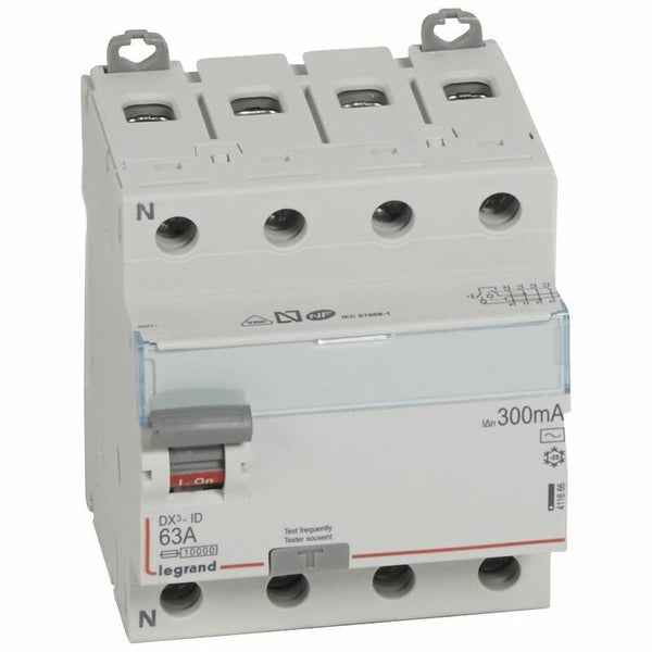 Interrupteur différentiel DX³-ID arrivée haute et départ bas à vis 4P 400V type AC 4 modules 300mA 63A - LEGRAND - 411666 0