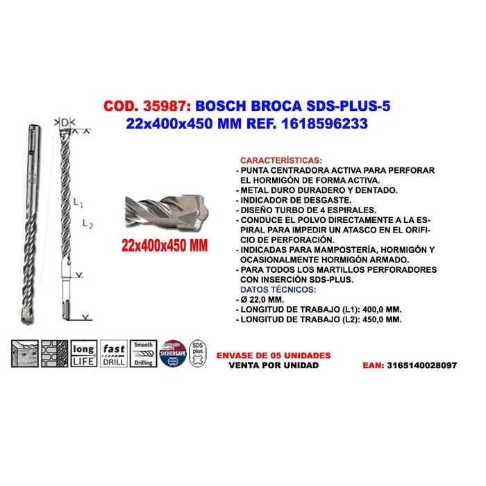 Foret SDS-Plus-5 pour perforateur Diam 22 x 450mm Bosch 4