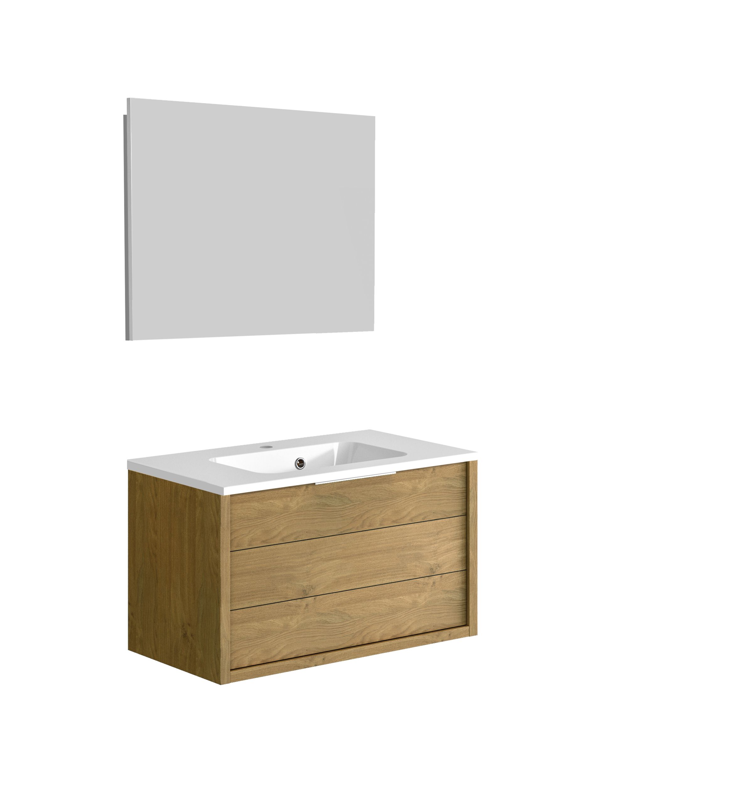 Meuble de salle de bain SORENTO couleur chêne clair 80 cm + plan vasque STYLE + miroir DEKO 80x60cm
