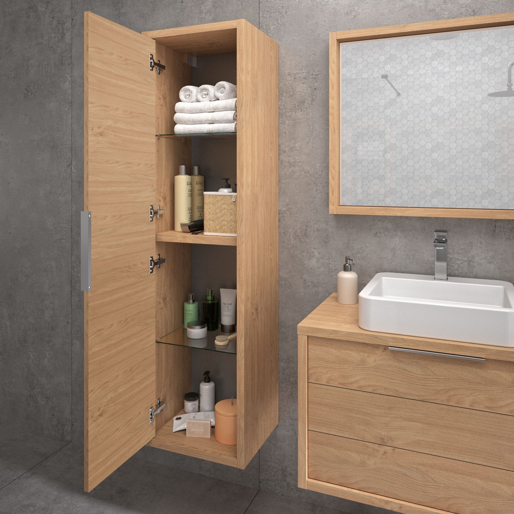 Meuble de salle de bain SORENTO couleur chêne clair 80 cm + plan vasque STYLE + miroir DEKO 80x60cm + colonne 4