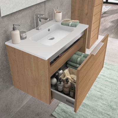 Meuble de salle de bain SORENTO couleur chêne clair 80 cm + plan vasque STYLE + miroir DEKO 80x60cm + colonne 2