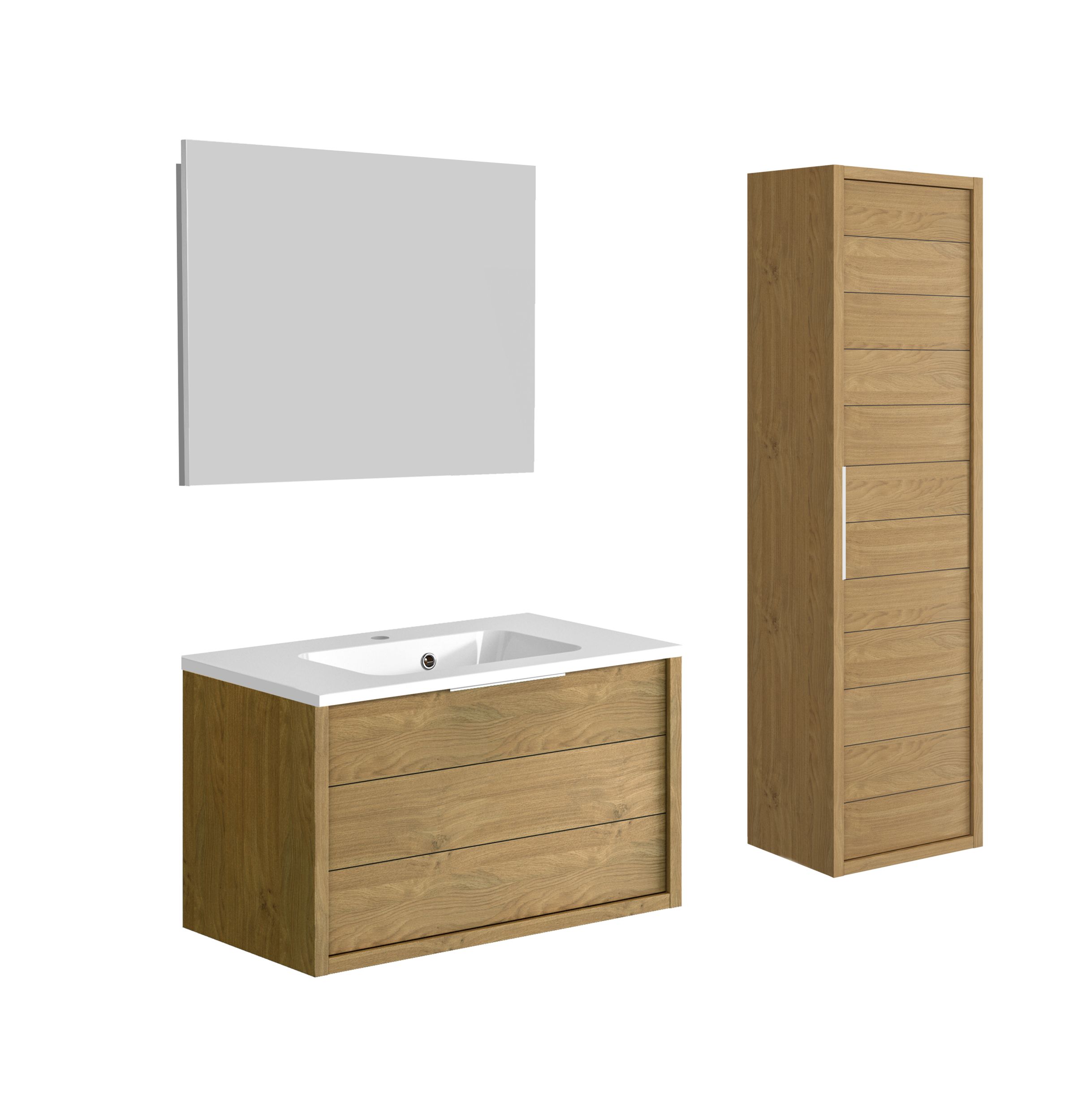 Meuble de salle de bain SORENTO couleur chêne clair 80 cm + plan vasque STYLE + miroir DEKO 80x60cm + colonne