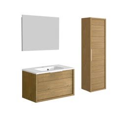 Meuble de salle de bain SORENTO couleur chêne clair 80 cm + plan vasque STYLE + miroir DEKO 80x60cm + colonne 0