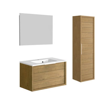 Meuble de salle de bain SORENTO couleur chêne clair 80 cm + plan vasque STYLE + miroir DEKO 80x60cm + colonne 0