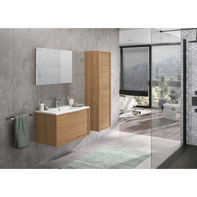 Meuble de salle de bain SORENTO couleur chêne clair 80 cm + plan vasque STYLE + miroir DEKO 80x60cm + colonne 1