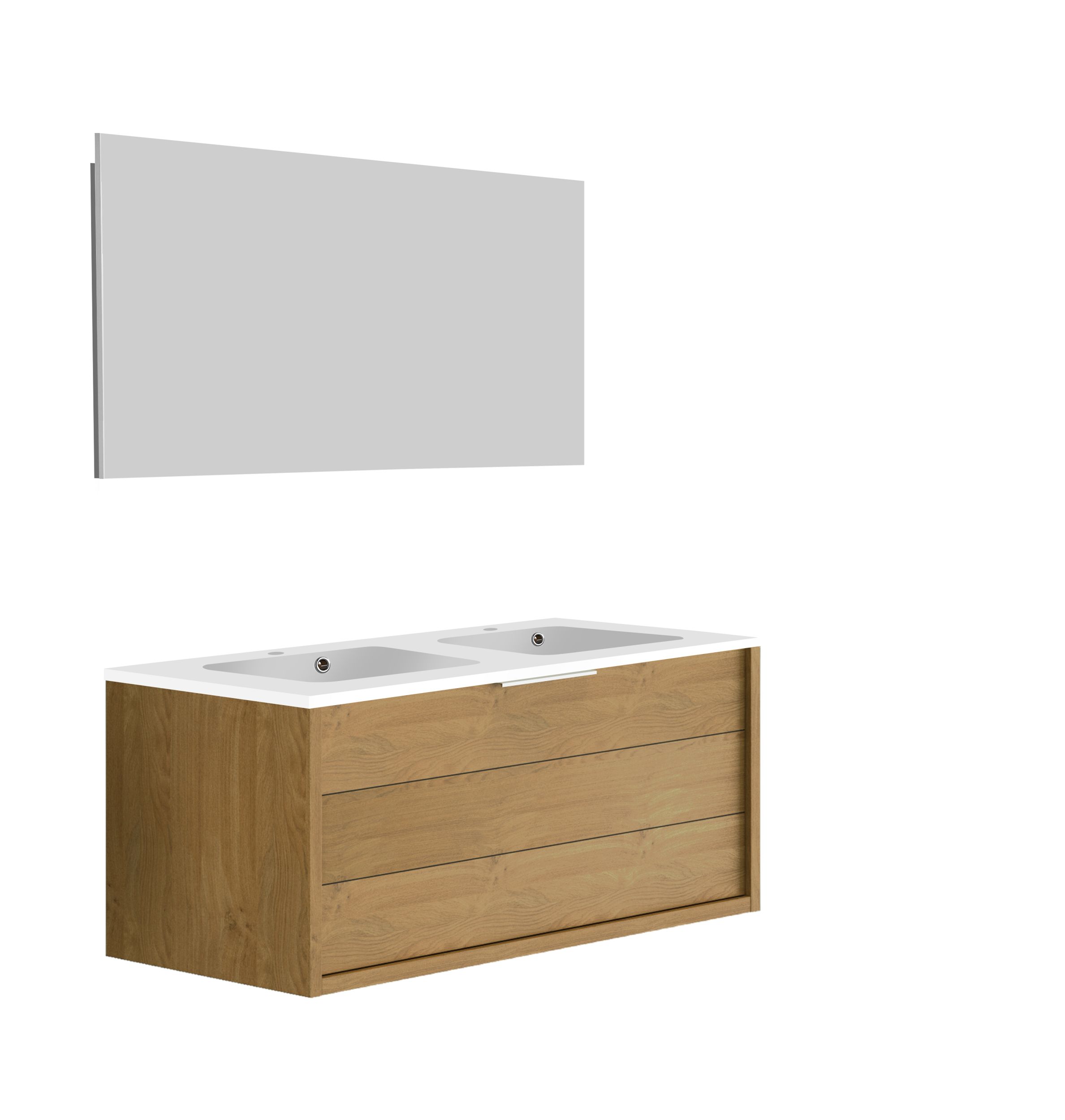 Meuble de salle de bain SORENTO couleur chêne clair 120 cm + plan double vasque STYLE + miroir DEKO 120x60cm