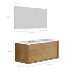 Meuble de salle de bain SORENTO couleur chêne clair 120 cm + plan double vasque STYLE + miroir DEKO 120x60cm 2