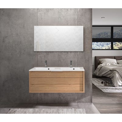 Meuble de salle de bain SORENTO couleur chêne clair 120 cm + plan double vasque STYLE + miroir DEKO 120x60cm 1
