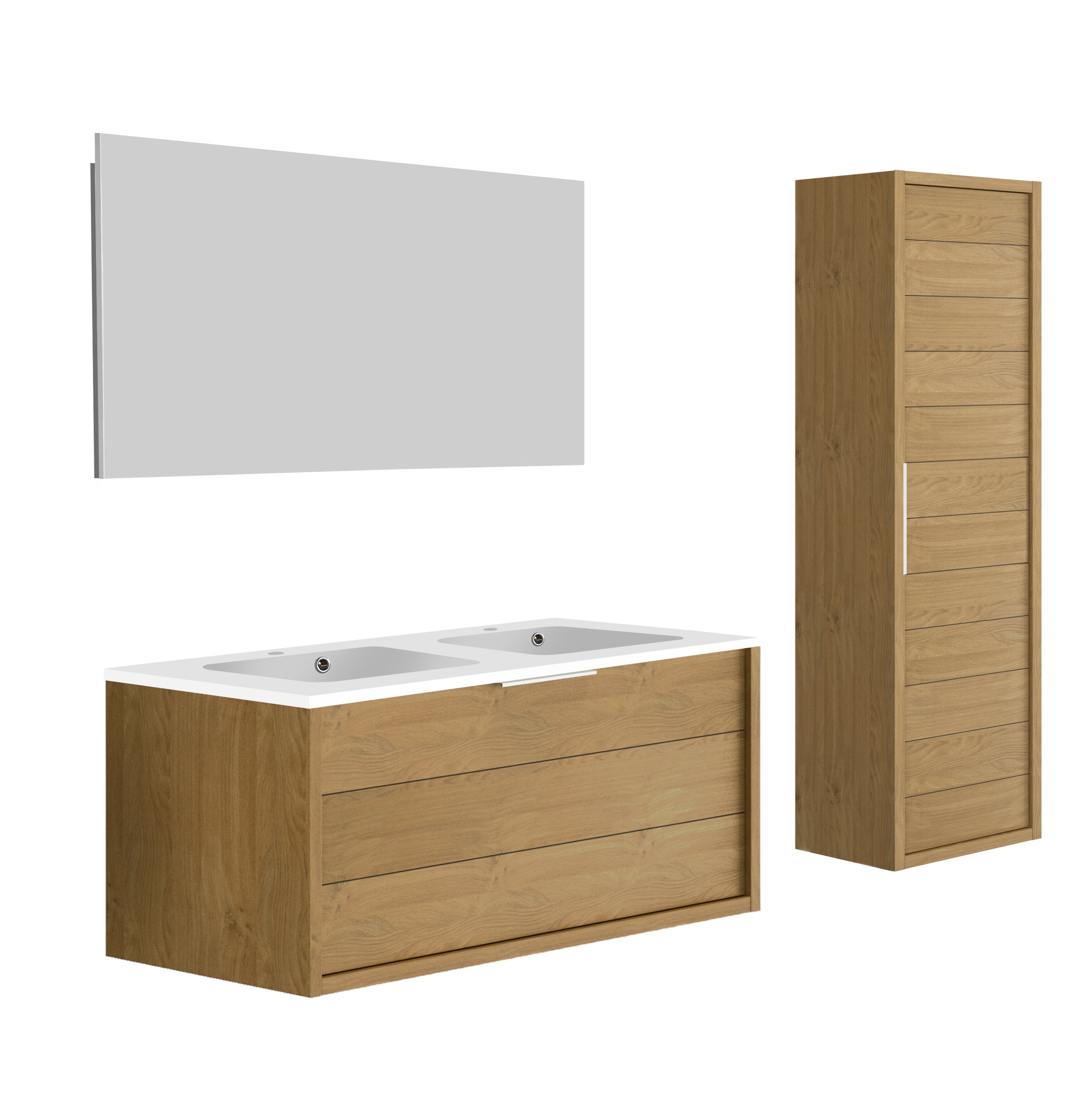 Meuble de salle de bain SORENTO couleur chêne clair 120cm + plan double vasque STYLE + miroir et colonne