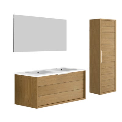 Meuble de salle de bain SORENTO couleur chêne clair 120cm + plan double vasque STYLE + miroir et colonne 0