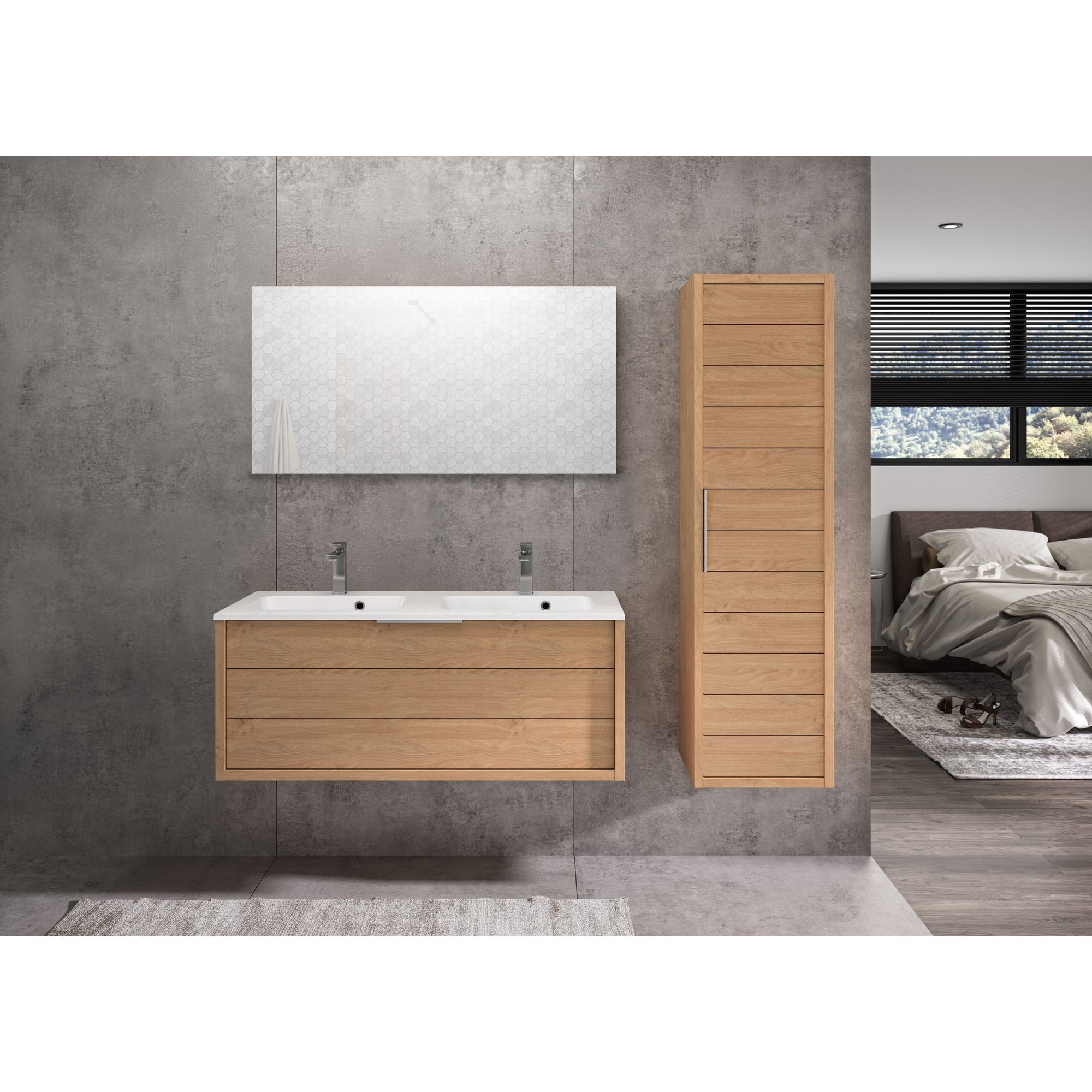 Meuble de salle de bain SORENTO couleur chêne clair 120cm + plan double vasque STYLE + miroir et colonne 1