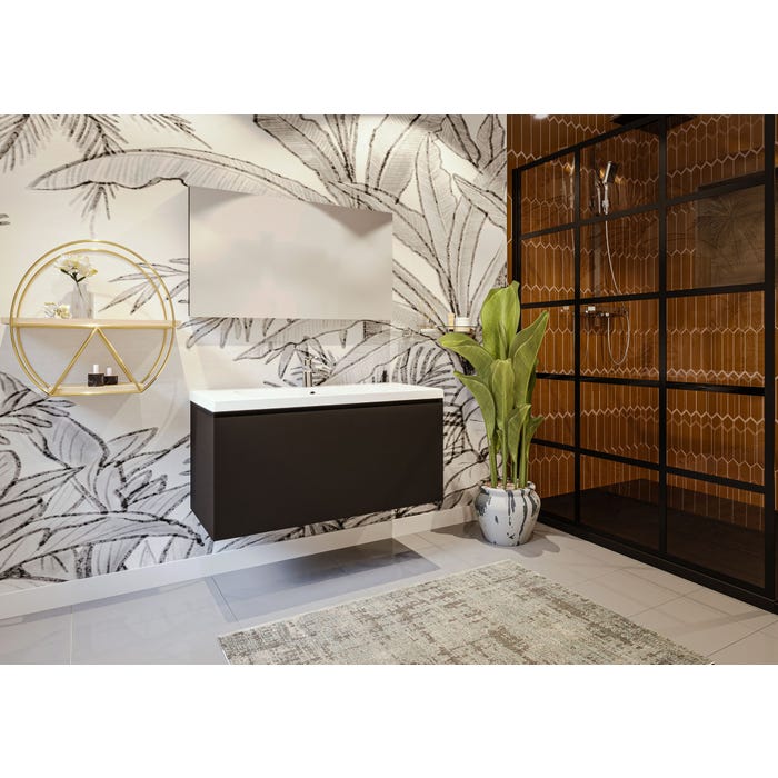 Meuble de salle de bain NORDIK noir ultra mat 100 cm + plan vasque STYLE 1